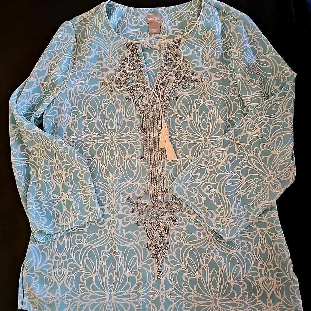 Chico's Blouse Size 0, Top Split neck long sleeves tunic style aqua blue blouse - Picture 2 of 9